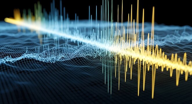 Abstract digital sound wave visualization featuring a dynamic spectrum in shades of blue and yellow against a dark background. Displaying the essence of audio frequency and data representation.