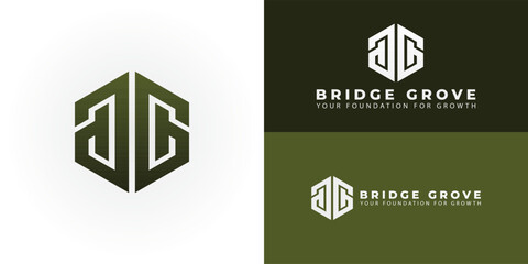A modern geometric BG monogram within a hexagon emblem, ideal for a real estate or construction company. It symbolizes stability and growth.