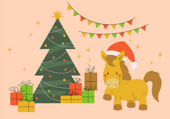 Merry Christmas. Gifts with bows and ribbons. Stack of colorful present gift box, horse, Christmas tree. Set of wrapped gift boxes isolated on background. 2026 New Year of Horse. Horse with Santa hat