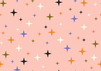 Seamless pattern with stars and sparks. Christmas, birthday design in vibrant colors on a light background. Trendy modern vector illustration. Cute hand drawn flat design