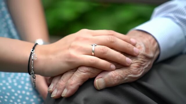 Young woman gently holding elderly man s hand in unity scene on a summer day. concept of compassion, generational bonding, caregiving