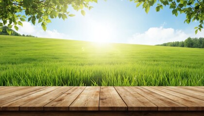 Serene landscape with brown wooden table or deck. Lush green field and clear sky. Wooden fence adds rustic charm to peaceful scene. Soft warm light shines on natural setting.