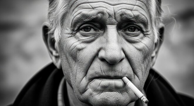 Close-up black and white portrait of an elderly man with a cigarette in his mouth, looking directly at the camera. - Powered by Adobe
