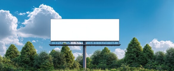 The billboard surrounded by lush greenery and a clear blue sky.