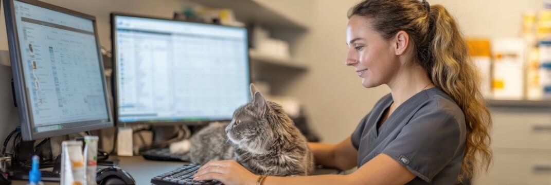 Vet Tech Reviews Vaccination Schedule With Pet Profile in a Clinic Setting During a Busy Day