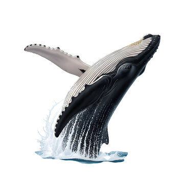 Magnificent Graceful Humpback Whale Breaching High Out of the Water with a Dynamic Splash on isolated transparent background.