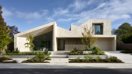 Luxurious contemporary house crafted from natural stone featuring striking geometric architecture and lush front garden.