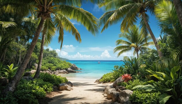 Tropical beach scene with pathway to azure ocean beneath palm trees, rocks. Small red boat floats on light blue water. Green sky suggests cloudy day. Perspective from beach towards ocean creates
