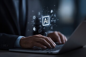 Ai, Artificial Intelligence, IoT Internet of Things concept. Business man using laptop computer on innovation technology icons on virtual screen