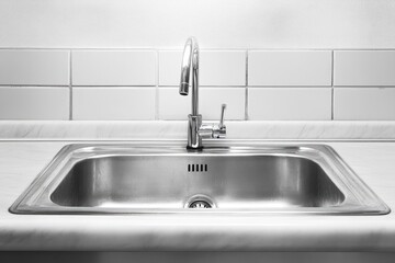 Fototapeta premium A modern stainless steel kitchen sink with a sleek faucet, set against a clean white tiled backsplash and countertop surface.