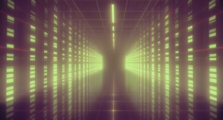 Abstract digital tunnel with glowing green and yellow rectangles perspective. Dark atmospheric setting with futuristic digital data visualization and networking concept.