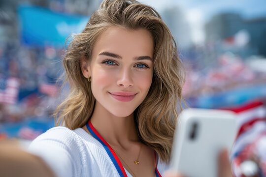 Patriotic selfie embracing modern celebration culture - Powered by Adobe