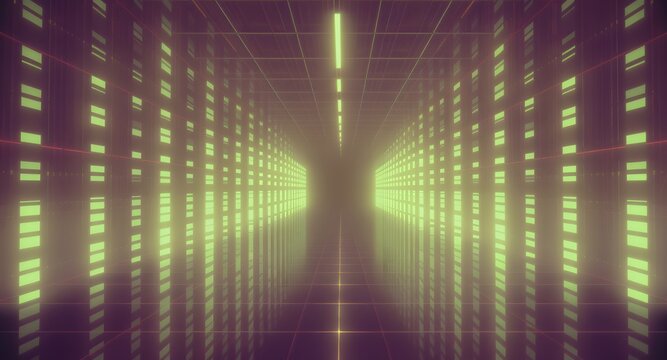 Abstract digital tunnel with glowing green and yellow rectangles perspective. Dark atmospheric setting with futuristic digital data visualization and networking concept. - Powered by Adobe
