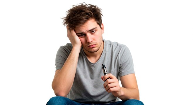 A man with messy hair holding a vape looking sad against a white background