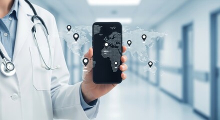 A doctor is holding a smartphone displaying a world map with location pins, representing global healthcare access