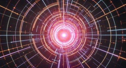 Abstract digital tunnel with glowing lights and geometric patterns creating a sense of depth and movement. Central bright light surrounded by concentric circles and lines.