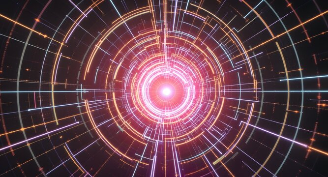Abstract digital tunnel with glowing lights and geometric patterns creating a sense of depth and movement. Central bright light surrounded by concentric circles and lines.