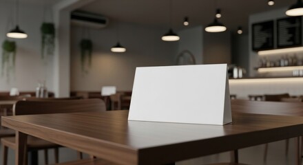 A blank white sign sits on a wooden table in a modern restaurant.