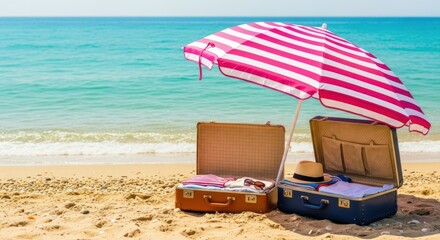 Two open suitcases sit on a sandy beach under a pink and white striped umbrella.