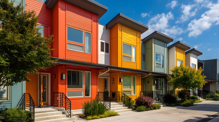 Vibrant modern townhouses under a clear blue sky, showcasing colorful contemporary architectural design