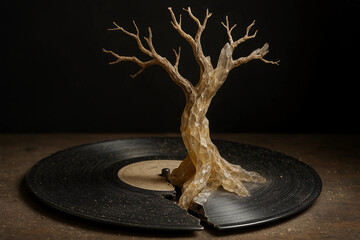 Obraz premium Fantasy Landscapes of Fossilized Tree Growing From a Cracked Vinyl Record