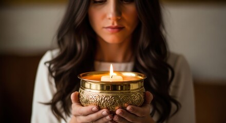 Woman meditatively holding a lit candle in an ornate brass bowl.