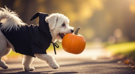 A small, white dog in a costume carries a pumpkin on a path.