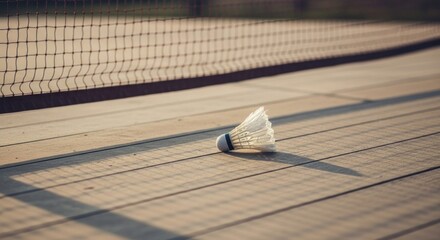 A shuttlecock rests on a wooden badminton court near the net in sunlight.