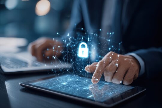 Businessman utilizing a digital tablet and laptop with a padlock on network security technologies, cloud computing, and cybersecurity. Cybersecurity network. Data protection concept