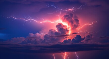 Dramatic view of a thunderstorm with vibrant lightning illuminating the dark sky.