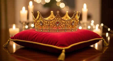 Ornate golden crown resting on a red velvet pillow, surrounded by lit candles creating a warm, festive ambiance.
