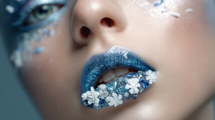 The stunning frozen beauty with floral accents and bold blue lips.
