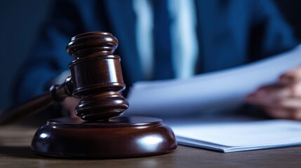 The gavel resting on a desk beside legal documents and a professional individual.