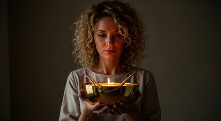 Woman with curly hair holds a glowing candle in a golden bowl, eyes closed, in a dimly lit space.