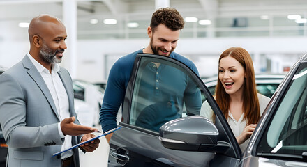 Car salesman presenting a new vehicle to a young couple in a dealership showroom with smiling faces