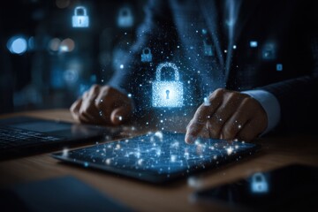 Businessman utilizing a digital tablet and laptop with a padlock on network security technologies, cloud computing, and cybersecurity. Cybersecurity network. Data protection concept