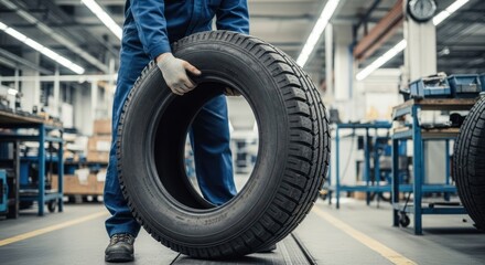 Worker in blue uniform carries a large tire in a factory setting, showcasing industrial labor.