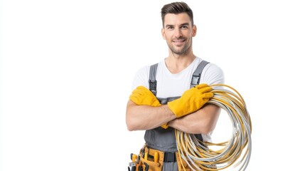 The smiling electrician holding a coil of cables prepared for work.