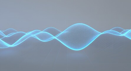 Abstract blue wave form on a gray background. Digital data visualization with luminous dots and lines representing network connections creating a futuristic and scientific feel
