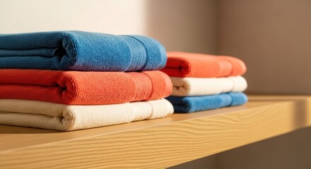 Neatly folded towels in blue, red, and white colors are stacked on a light wooden shelf.