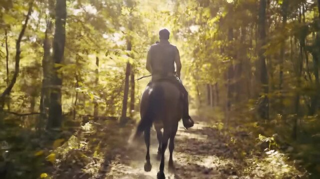 man riding a horse on a peaceful forest path surrounded by lush greenery during a relaxing afternoon. concept of nature escape, equestrian leisure, tranquility