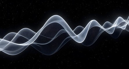 Abstract digital wave formation with flowing particles against a black background. White and light blue hues create a dynamic visual effect. Star-like elements enhance the cosmic feel.