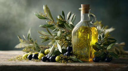Glass Bottle of Olive Oil with Olive Branches on Rustic Table