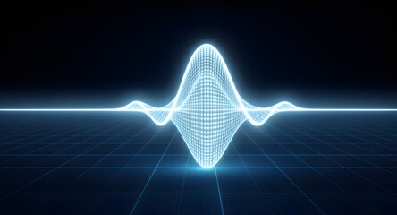 Abstract digital wave pattern glowing against a dark background with grid lines, representing data or technology, with blue light.