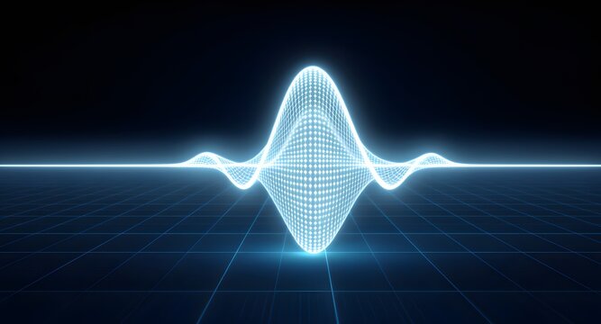 Abstract digital wave pattern glowing against a dark background with grid lines, representing data or technology, with blue light.