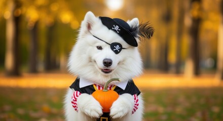 A fluffy white dog dressed as a pirate holding a small pumpkin, smiling happily.