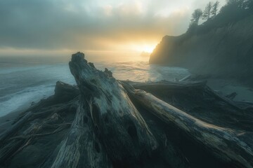 A serene coastal scene with driftwood in the foreground, bathed in the warm light of a misty sunrise.