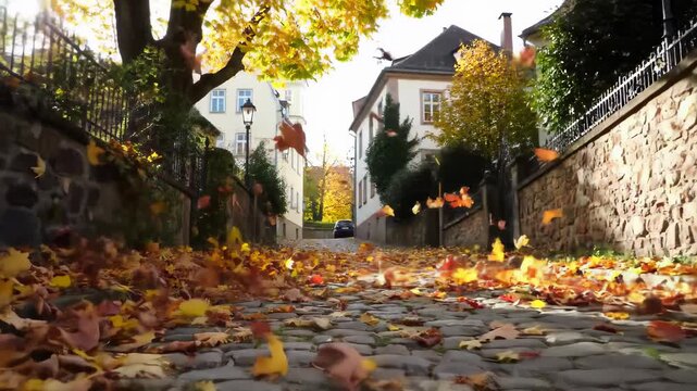Autumn leaves falling on a quaint cobblestone street in a picturesque village. concept of fall season, peaceful neighborhood, scenic outdoor landscape.