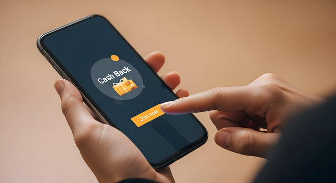 Person holding a smartphone displaying a cashback offer with a join now button and touching screen