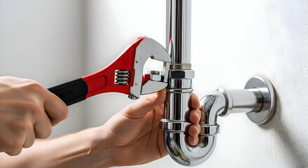 A person tightening a chrome pipe with a red and black adjustable wrench in a bright white setting